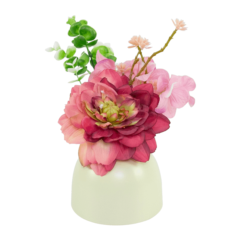Red Purple White Dahlia Hydrangea Eucalyptus Ceramic Pot