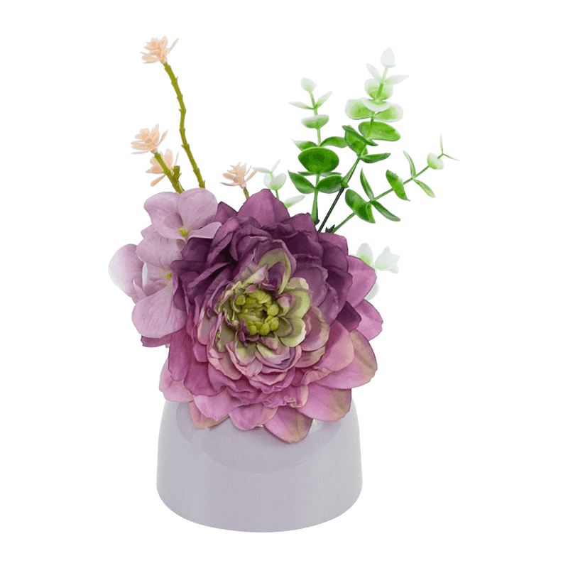 Red Purple White Dahlia Hydrangea Eucalyptus Ceramic Pot