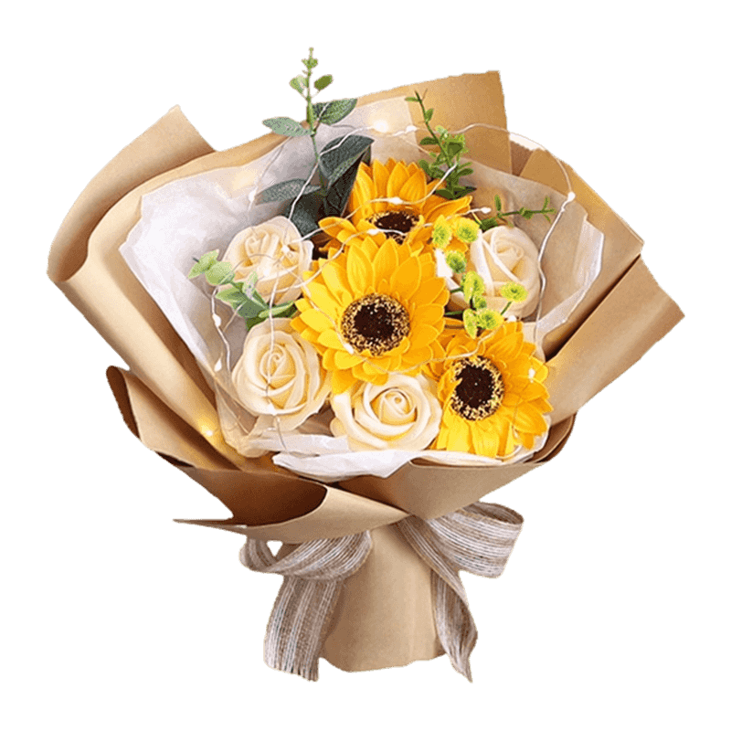 Kraft Wrapped Sunflower Soap Rose Handheld Posy With LED Lights & Linen Bow