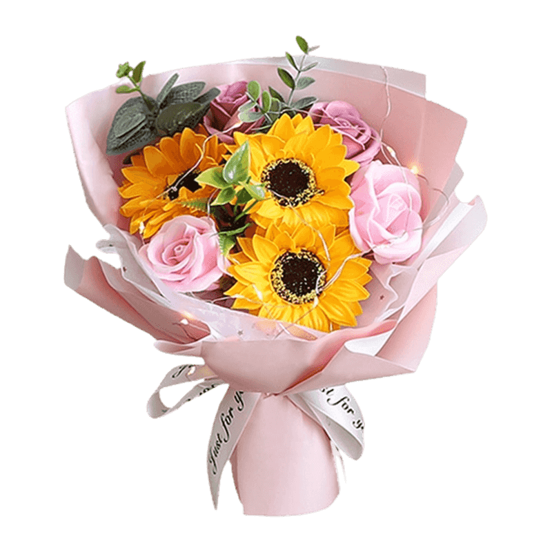 Kraft Wrapped Sunflower Soap Rose Handheld Posy With LED Lights & Linen Bow
