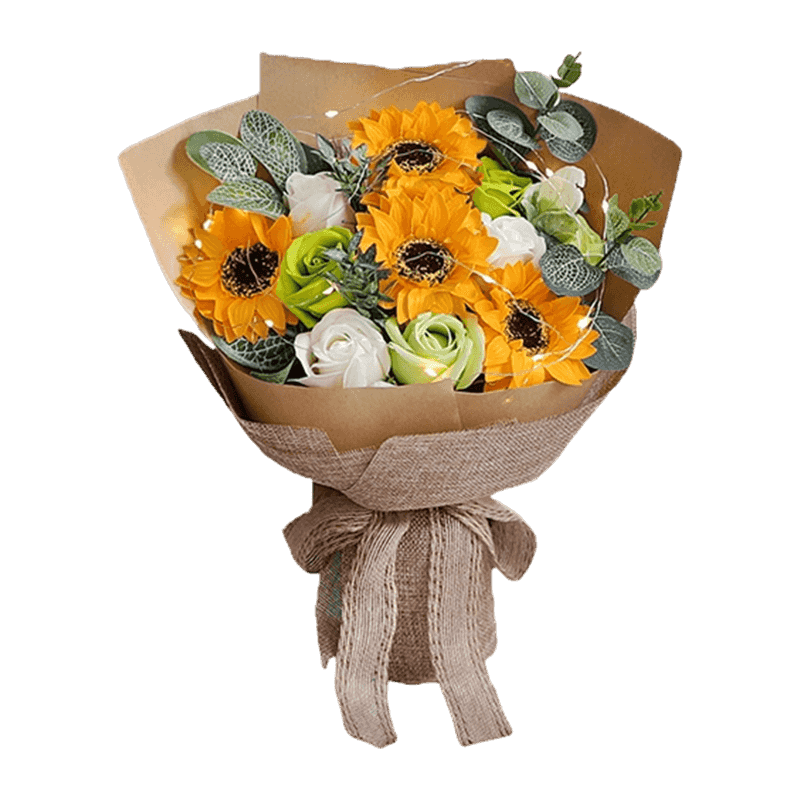 Kraft Wrapped Sunflower Soap Rose Handheld Posy With LED Lights & Linen Bow
