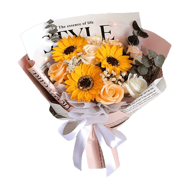 Kraft Wrapped Sunflower Soap Rose Handheld Posy With LED Lights & Linen Bow