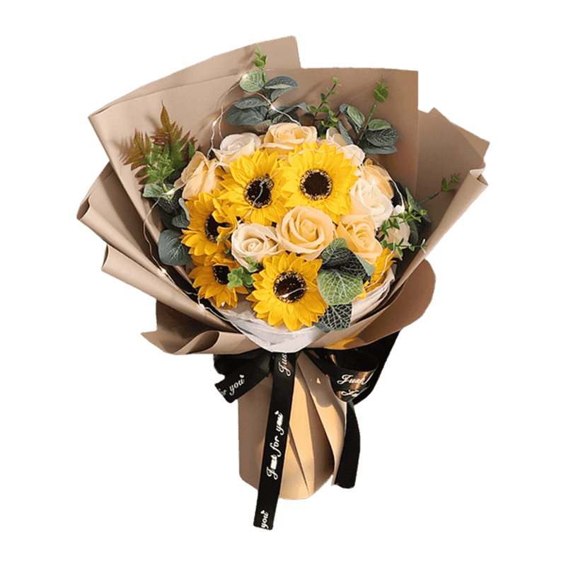 Kraft Wrapped Sunflower Soap Rose Handheld Posy With LED Lights & Linen Bow