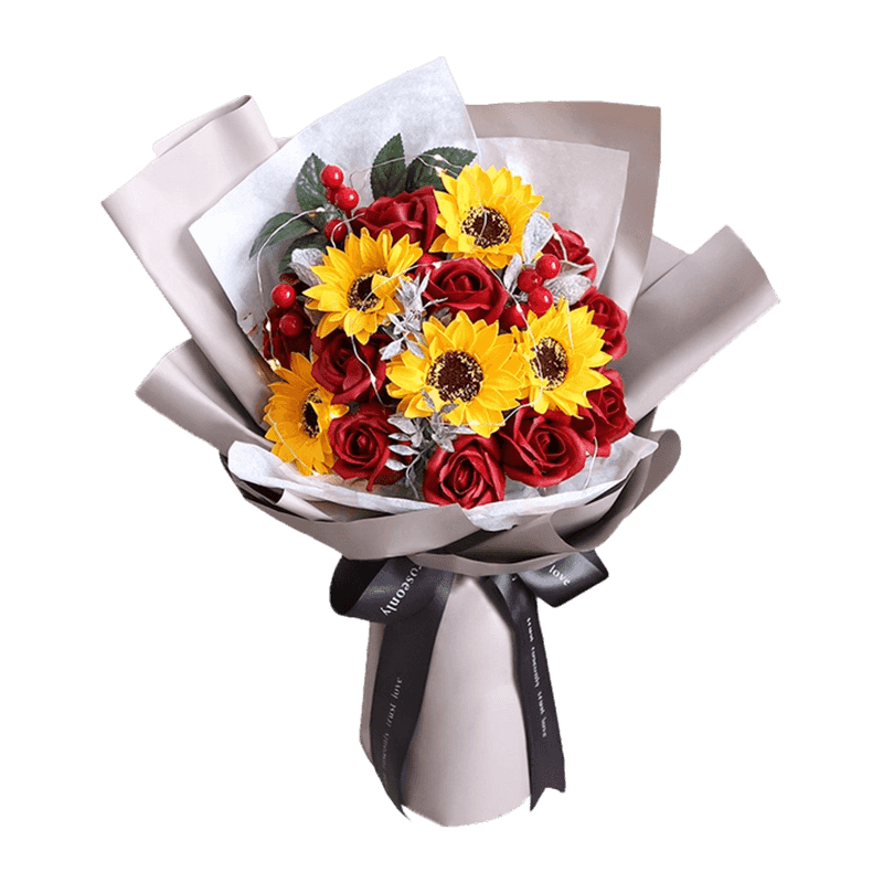 Kraft Wrapped Sunflower Soap Rose Handheld Posy With LED Lights & Linen Bow