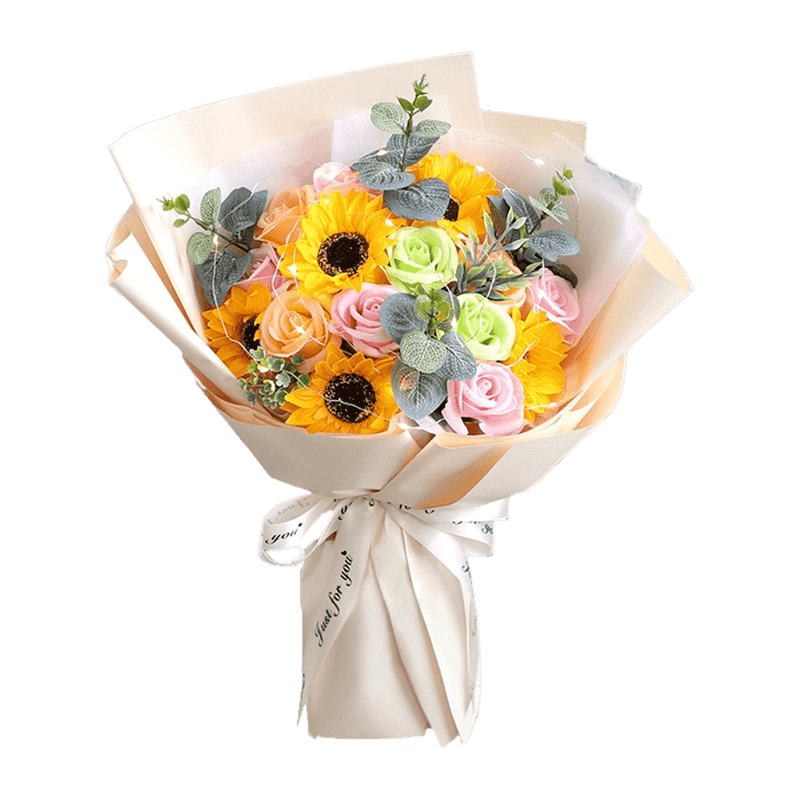 Kraft Wrapped Sunflower Soap Rose Handheld Posy With LED Lights & Linen Bow
