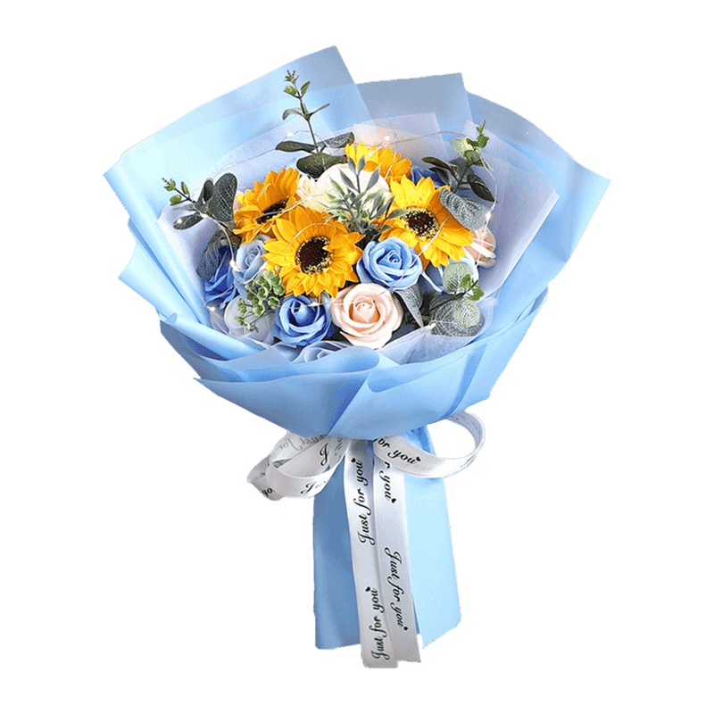 Kraft Wrapped Sunflower Soap Rose Handheld Posy With LED Lights & Linen Bow