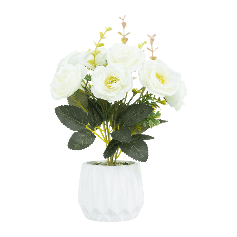 11"Artificial Rose With 10 Flowers In Cement Pot