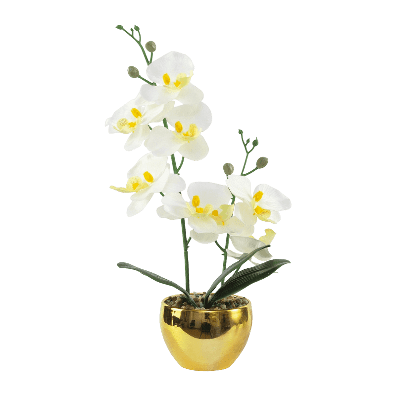 13"H LT Pink Mini Orchid In Round Gold Melamine Pot-1S/8Flw 13"H LT Pink Mini Orchid In Round Gold Melamine Pot-1S/8Flw